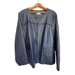 Joan Rivers Navy Blue Quilted Faux Leather Zip Front Jacket Women Plus Size